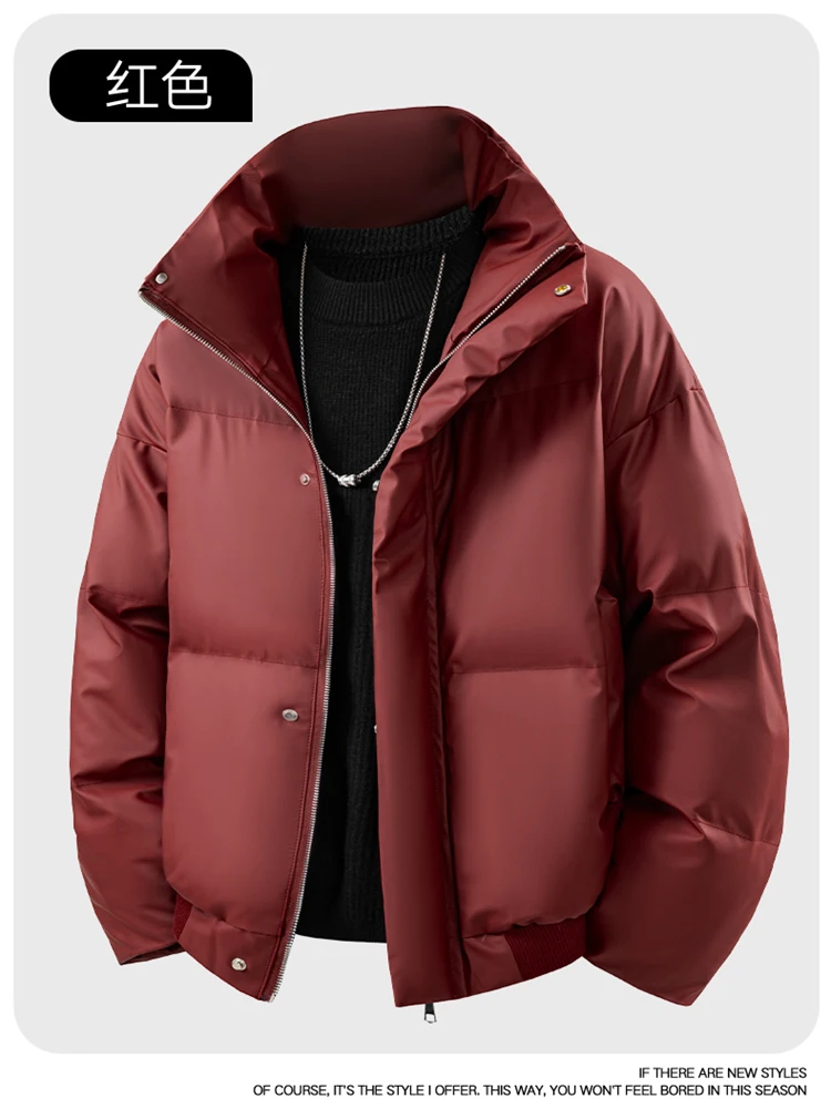 Winter Men Shiny Glossy Stand Collar Thick Padded Leather Cotton Coat Teenagers Warm Cold Proof Casual Street Male Daily Outer