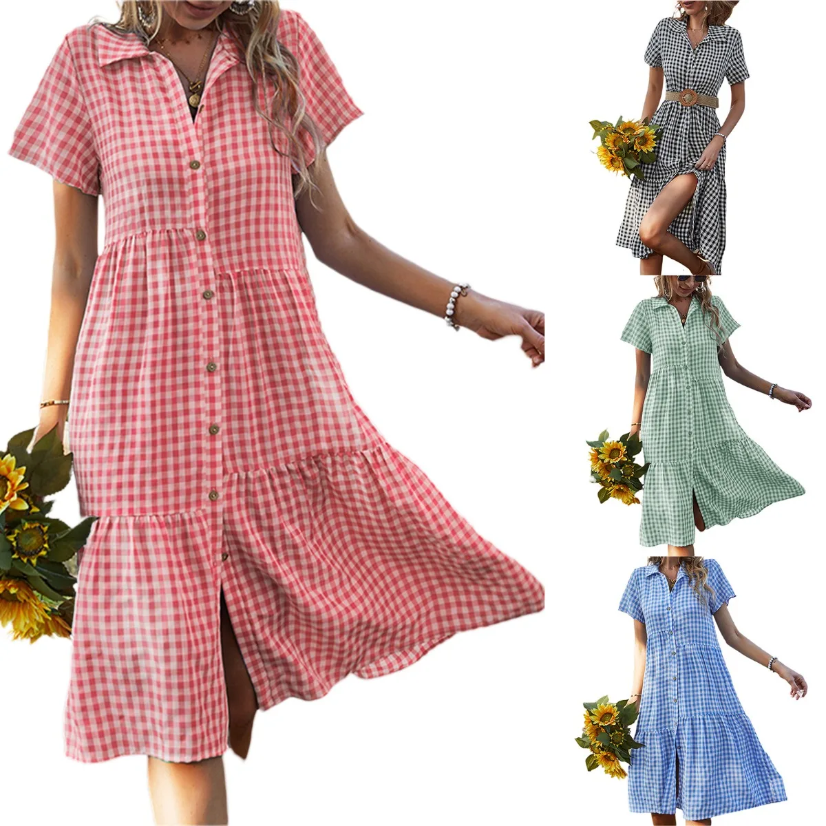 2026 Women's Checkered Short-Sleeve Shirtdress Single-breasted Button-down Short-sleeved Dress Casual Country-style Long Dress