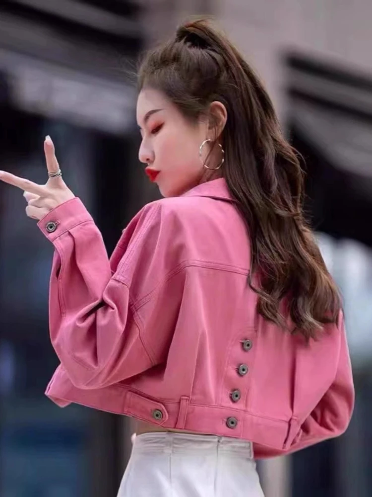 Petite Friendly Chaqueta vaquera recortada para mujer primavera otoño manga larga de gran tamaño elevado azul claro corto Denim Top prendas de vestir exteriores