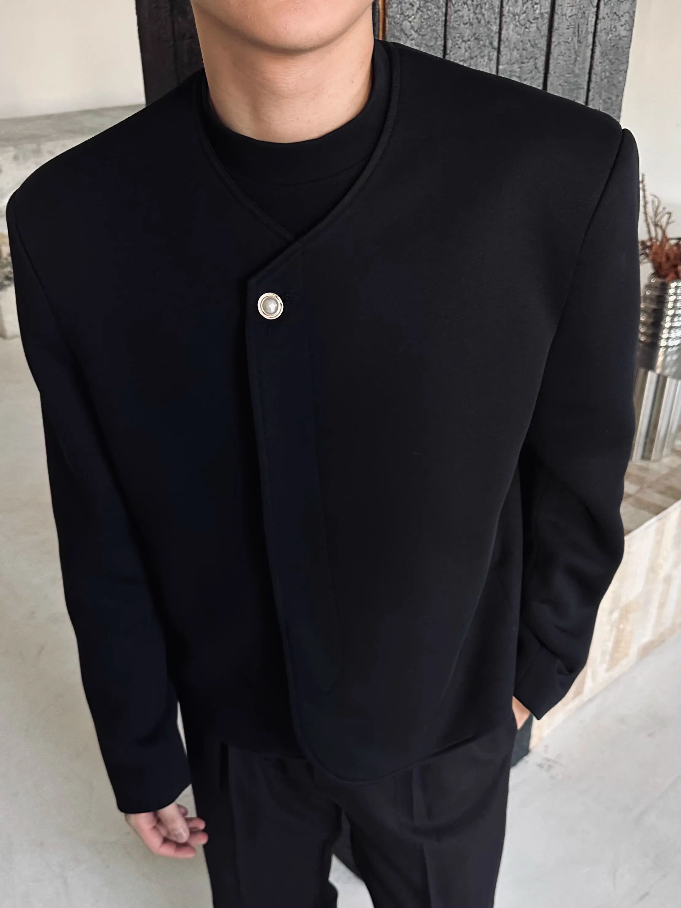 

Sli oulder Pad Jaet Men's Model ort Svel Spring Autumn High Design Sense Cool Haome Sle No Collar Jaet