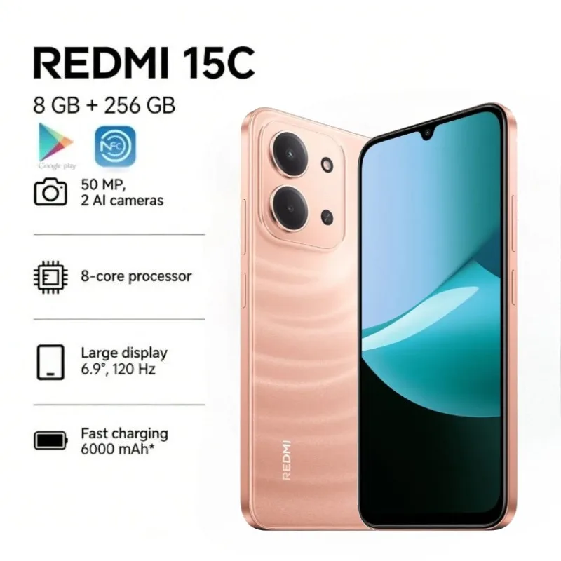 2026 new REDMI 15C Global Edition Redmi 15C 5G 8+256GB Smartphone: Ultra-slim 6000mAh smartphone with long battery life