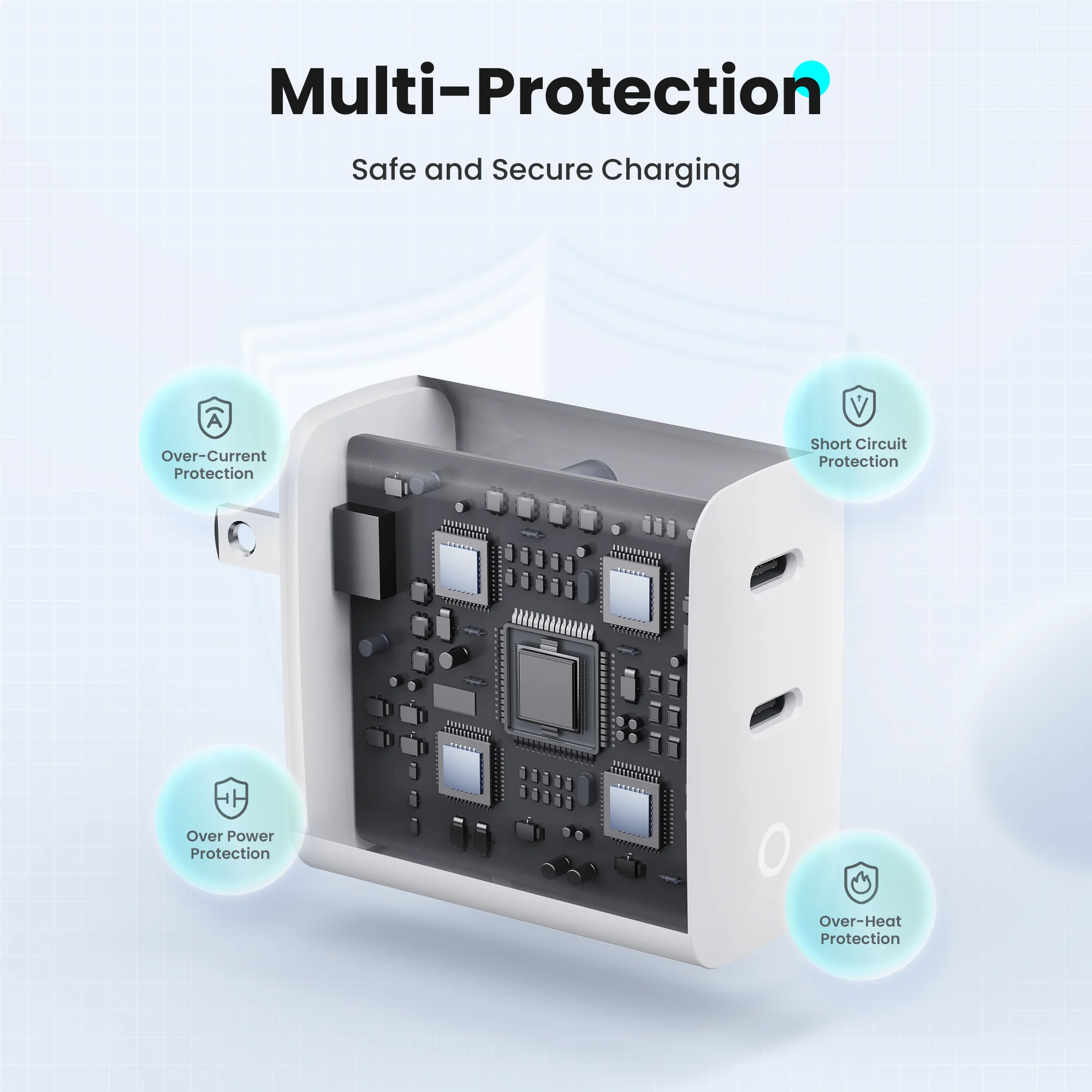 شاحن سريع 40 وات بمنفذين USB-C من النوع C GaN مع ضوء شحن، كتلة شحن سريعة مع كابل شحن من النوع C 3.3 قدم لهاتف IPhone