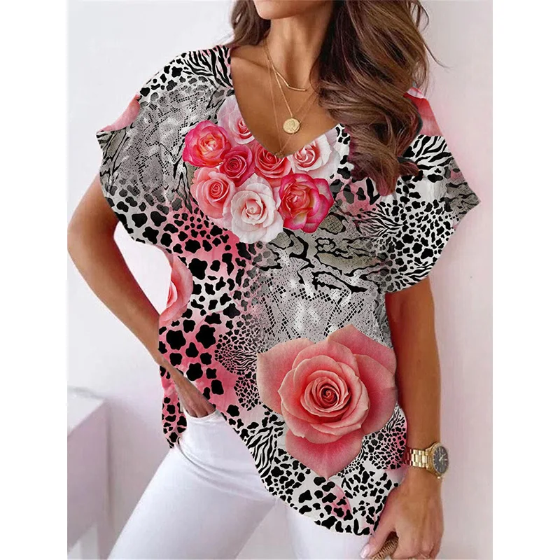 เสื้อยืดพิมพ์ลาย 3 มิติ ลายผีเสื้อ ลายเสือดาว ลายดอกไม้ สำหรับผู้หญิง คอวี แขนสั้น สไตล์ฮาราจูกุ ทรงโอเวอร์ไซส์ เสื้อผ้าผู้หญิง