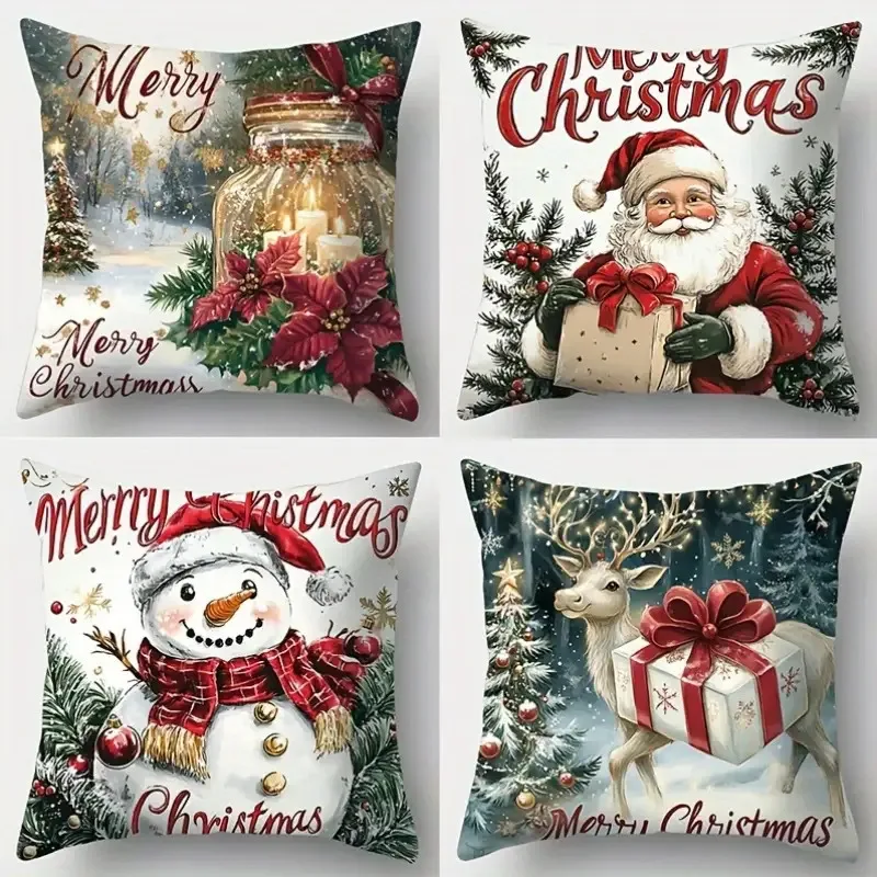 

Christmas Snowman Pillow Covers - Red & Gold, Snowflake Print, Burgundy/White Tones, Festive Decor for Sofa/Bed/Chair