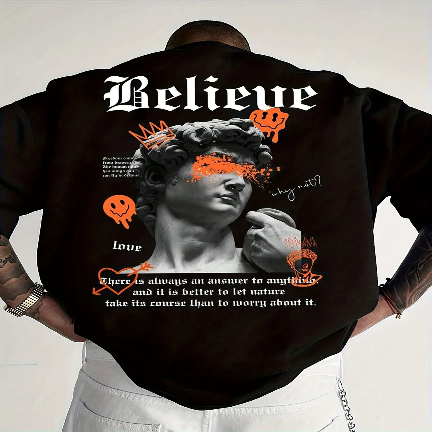 Men'S Round Neck T-Shirt with David Pattern And Letter Print Retro Graphic Shirt, Holiday Tshirt