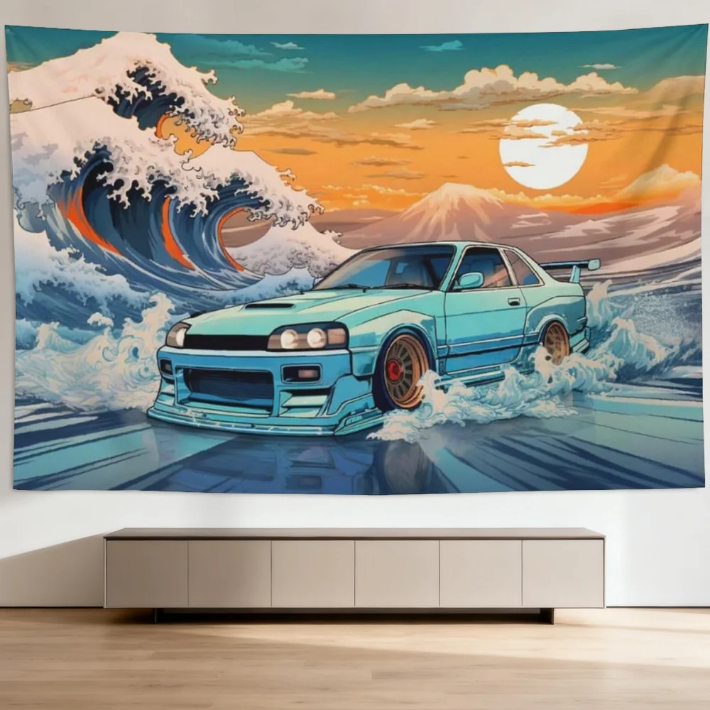 Japanese Wave Sports Car Tapestry Ukiyo E Style Dormitory Bedroom Wall Hanging Automotive Enthusiast Home Decor