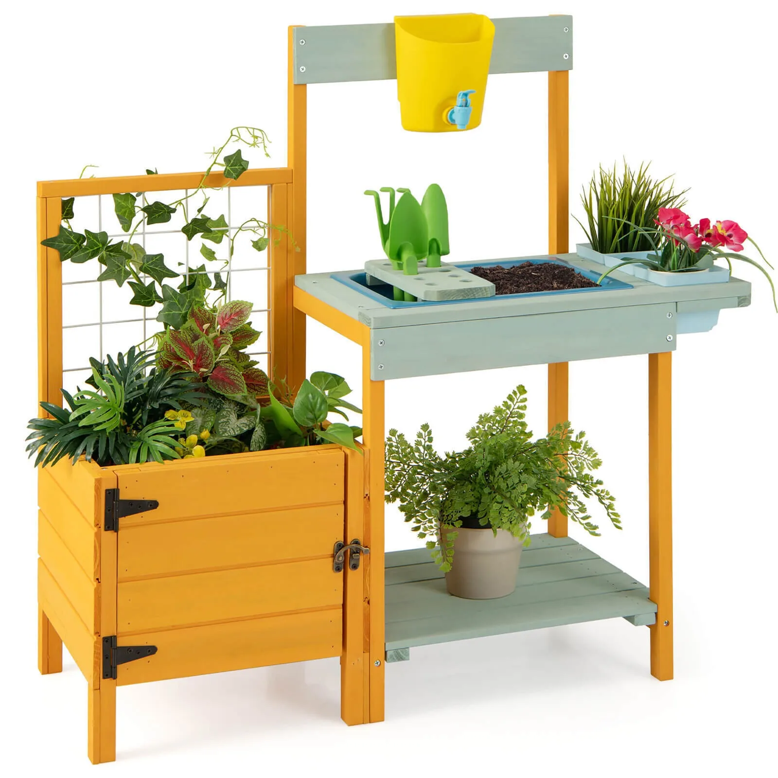 

US Wooden Potting Bench for Kids w/ See-Through Window Planter Box Garden Trellis