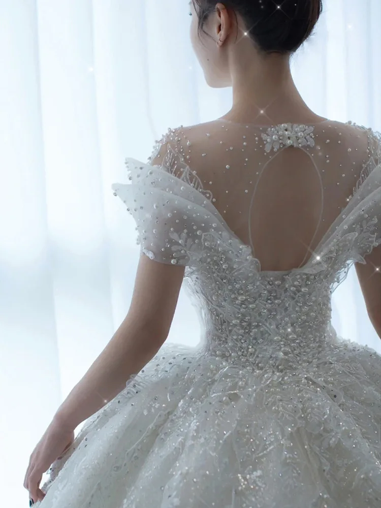 Robe de mariée perlée en cristal de luxe pour femmes, robe de mariée simple, tulle bouffant, blanc, princesse, sexy, D120, 2024