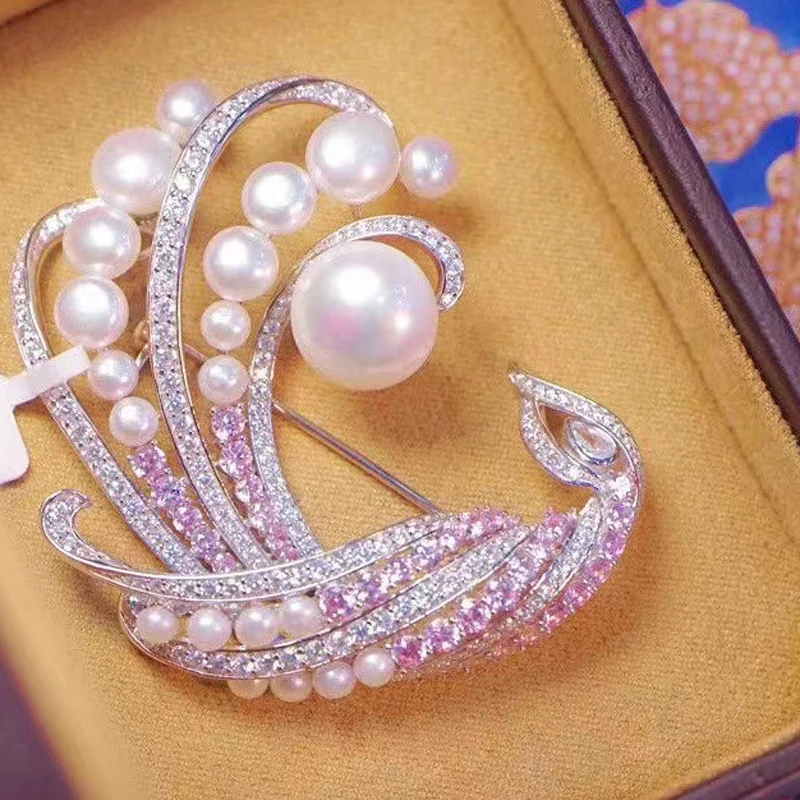 Natural Fresh Water Pearl Brooch Bird Style For Women Fine Jewelry 925Sterling Silver With Cubic Zirconia Elegant Top Value