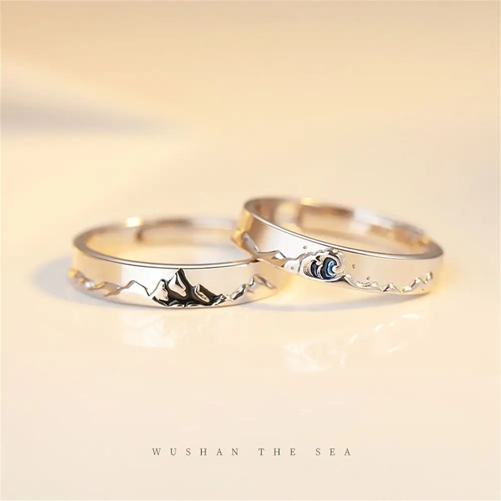 Jewelry Fashion Lover Valentine's Day Present Weddings Couple Rings S925 Silver Plated Mountain and Sea Adjustable
