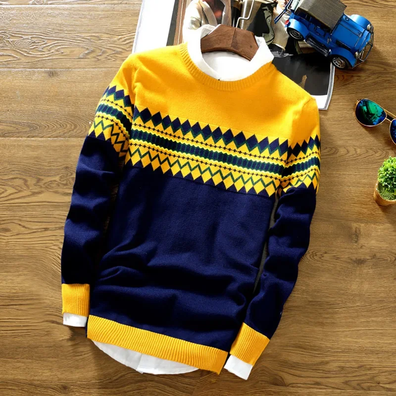 Men Spliced O Neck Jumpers Knitted Sweater Long Sleeve Pullovers Striped Casual Loose Fit Slight Strech Standard Wool Winter