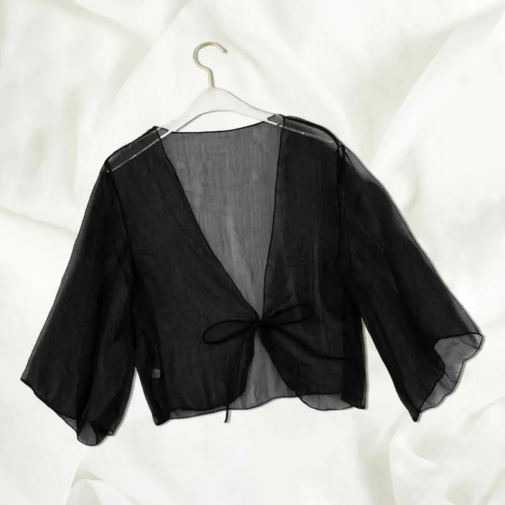 Sheer Front Tie Shawl Sun Protection Cardigan Elegant Sheer Chiffon Cardigan for Women Retro Style Shawl for Vacation Wear