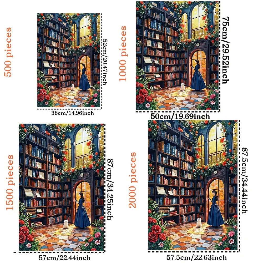 2000/1500/1000/500 قطعة ألغاز خشبية للبالغين - مشهد مكتبة نابض بالحياة مع الكتب والنباتات والنوافذ المضاءة بأشعة الشمس - مثالية للمنزل O