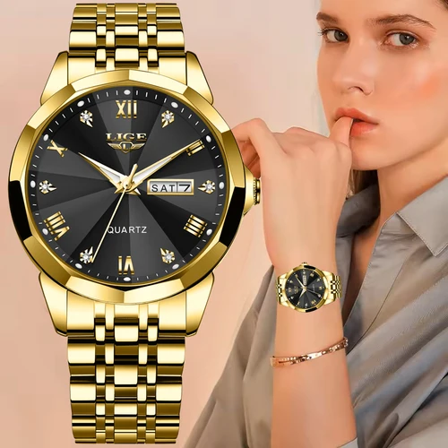 Relojes de pulsera LIGE de cuarzo a la moda para mujer, relojes de pulsera elegantes de lujo con fecha y semana, reloj Simple resistente al agua para regalo para mujer