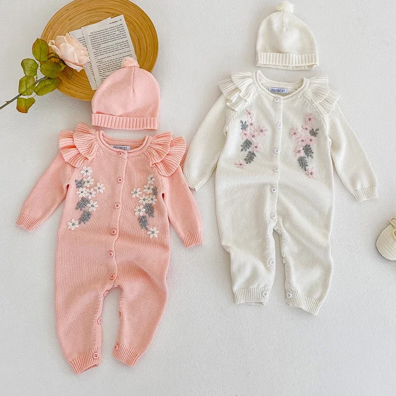 

2024 New Toddler Baby Girl Knitting Romper+Hat Floral Embroidery Long Sleeve Autumn Spring Infant Baby Girls Knitting Jumpsuit