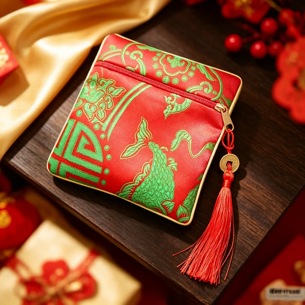 Square Red Jacquard Coin Purse – Auspicious Coins & Flowing Water Motif, Symbolizing Everlasting Prosperity, Exquisite & Refined