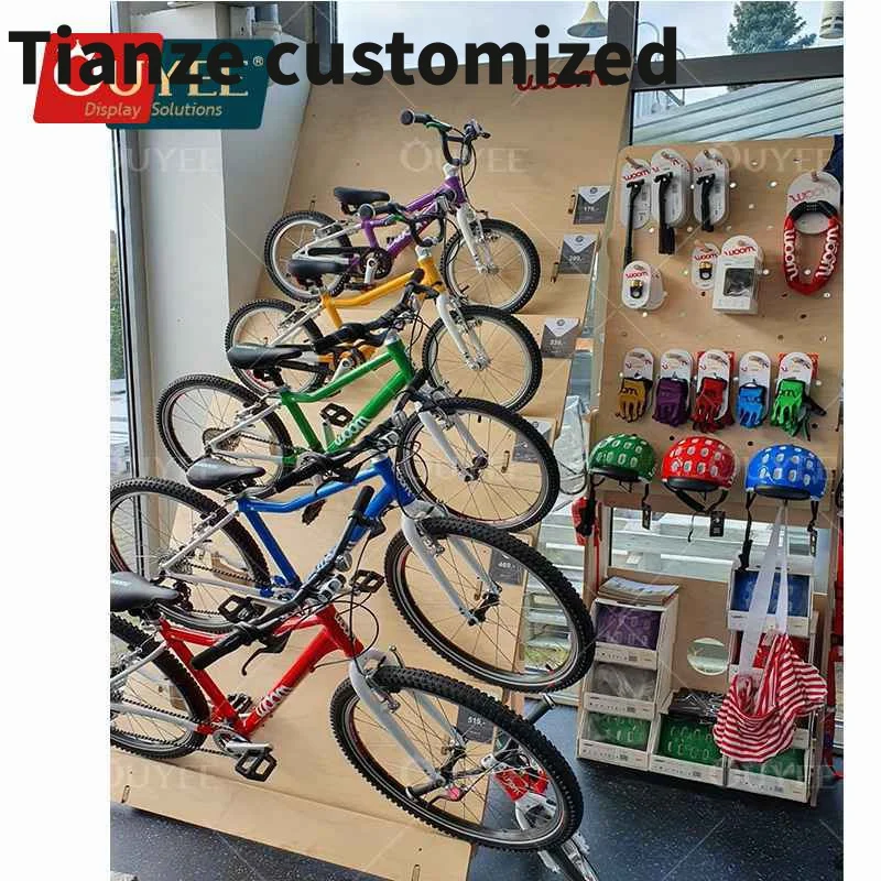 Customized-Bike Shop Interior Design City Road Folding Bike Display Showcase Custom Wood Wall Mount Cycling Display Rack