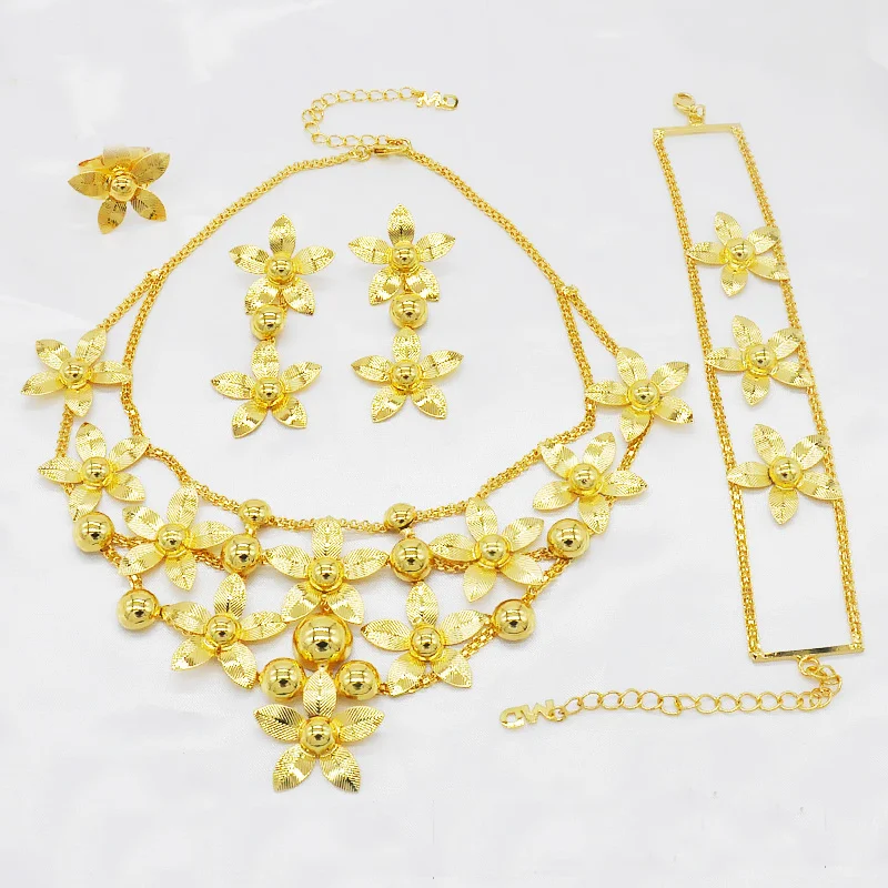 

3PCS Jewelry Sets Ethiopian Gold Color Arabia Necklace Bracelet Earring Ring For Women Indian Dubai African Party Bridal Gifts