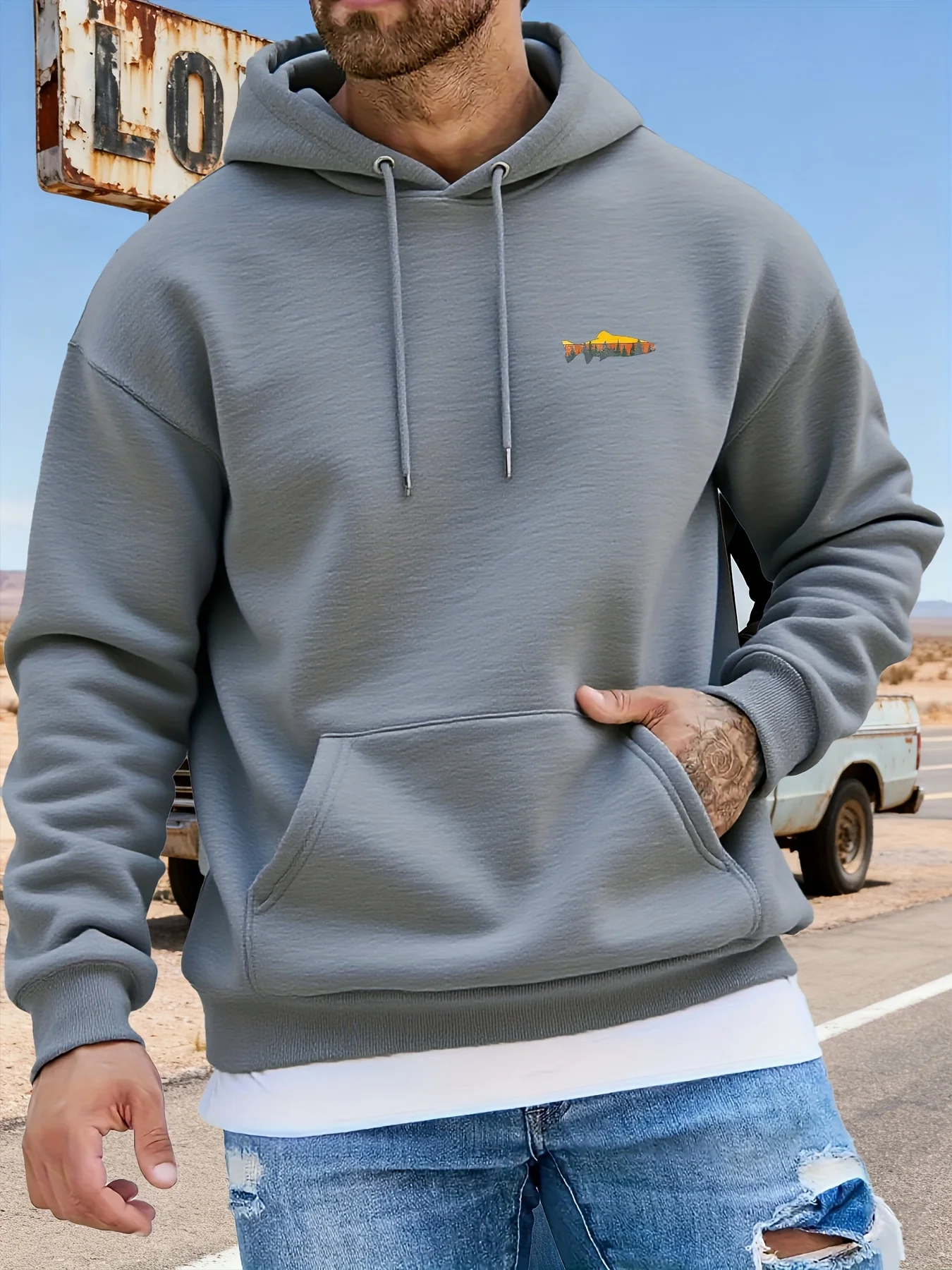 Vintage Fishing Trout Print Men Hoodie, Black Casual Pullover Sweatshirt, Mountain Sunset Forest Graphic Outdoor Camping Hoodies