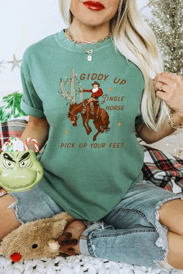 

Giddy Up Jingle Horse Comfort Colors T Shirt Western Cowboy Christmas Santa Cowgirl