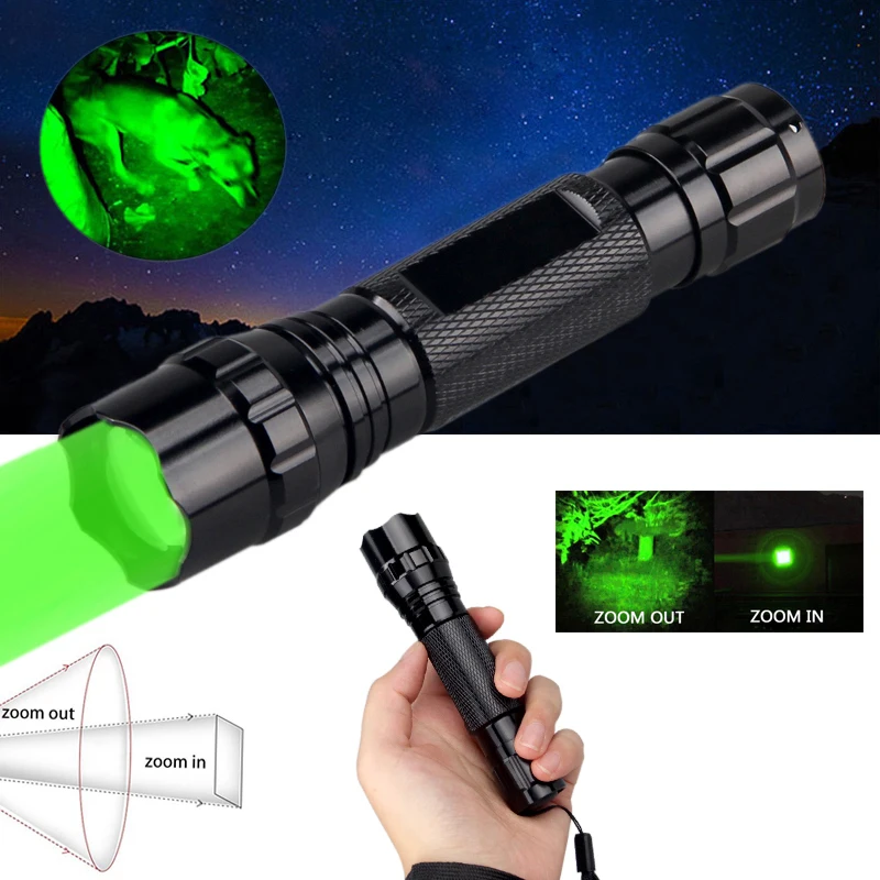 Tactical Hunting Flashlight Green LED Torch 5 Modes Type-C Fast Charging Zoomable Lantern Power by 18650 Battery for Camping