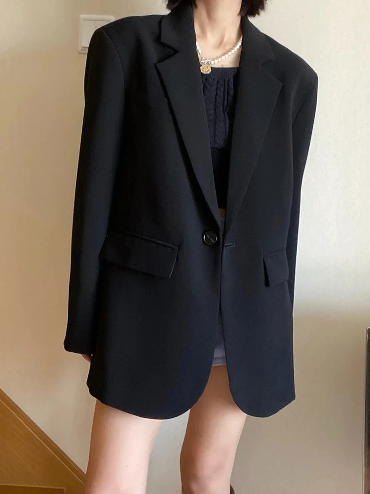 

Y2K Black Blazer for Women Autumn Loose Streetwear A Button Casual Coats Korean Elegant Office Lady Turndown Collar Outerwear