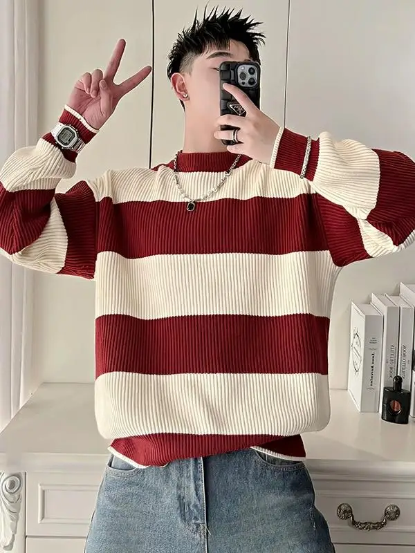 

Модный вязаный свитер с круглым вырезом для мужчин, в полоску, в стиле High Street, осенне-зимняя новинка, повседневная одежда