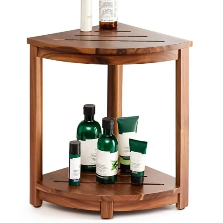 

18" Wood Corner Shower Bench and Corner Shower Stool with Storage Shelf - Footrest for Shaving Legs - Bath Step for Small Space