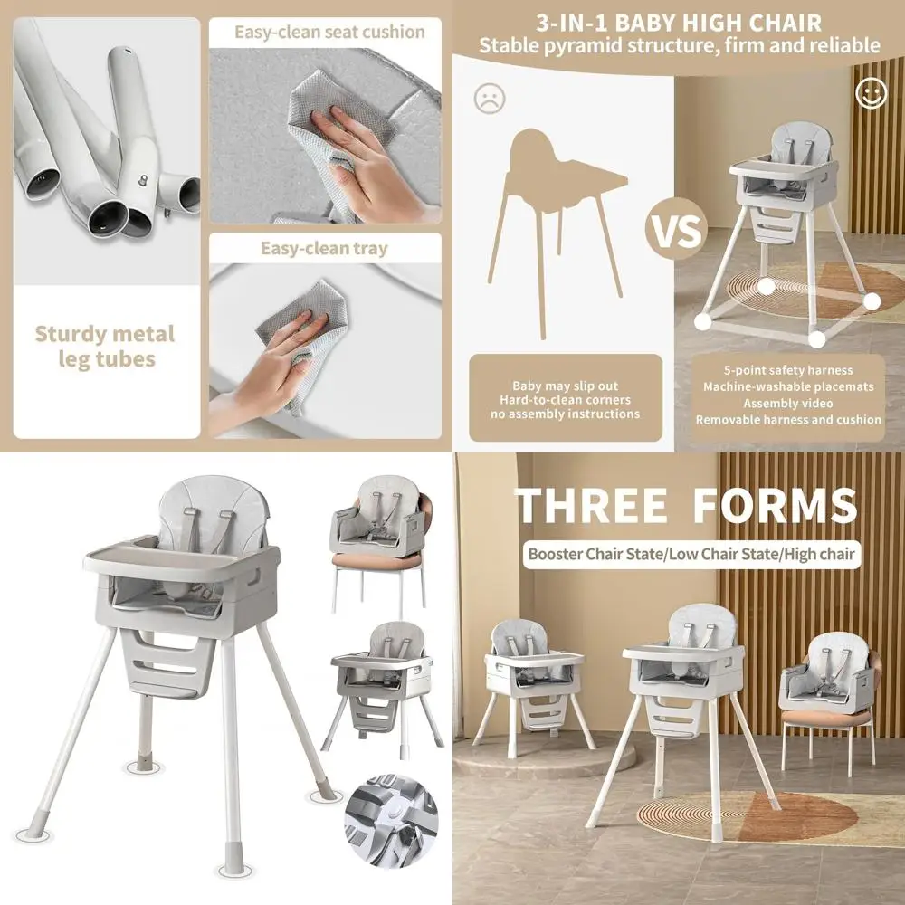 

Стульчик-трансформер для кормления младенцев и малышей, 3-в-1 с подносом, легко чистится, с 5-точечными ремнями безопасности и подушкой, серый