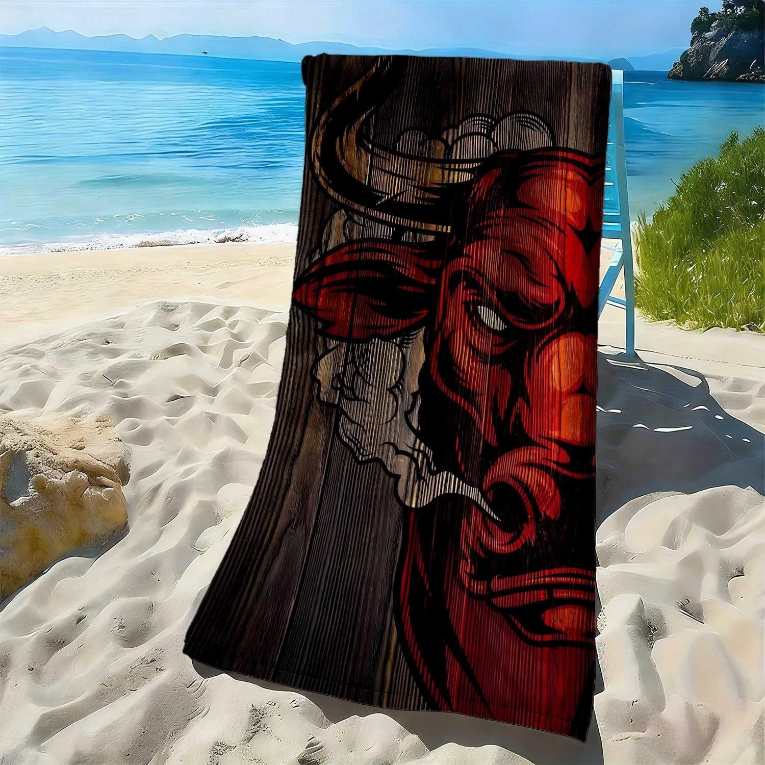 Retro bull head flame pattern polyester microfiber beach towel is highly absorbent, suitable for swimming and beach outings