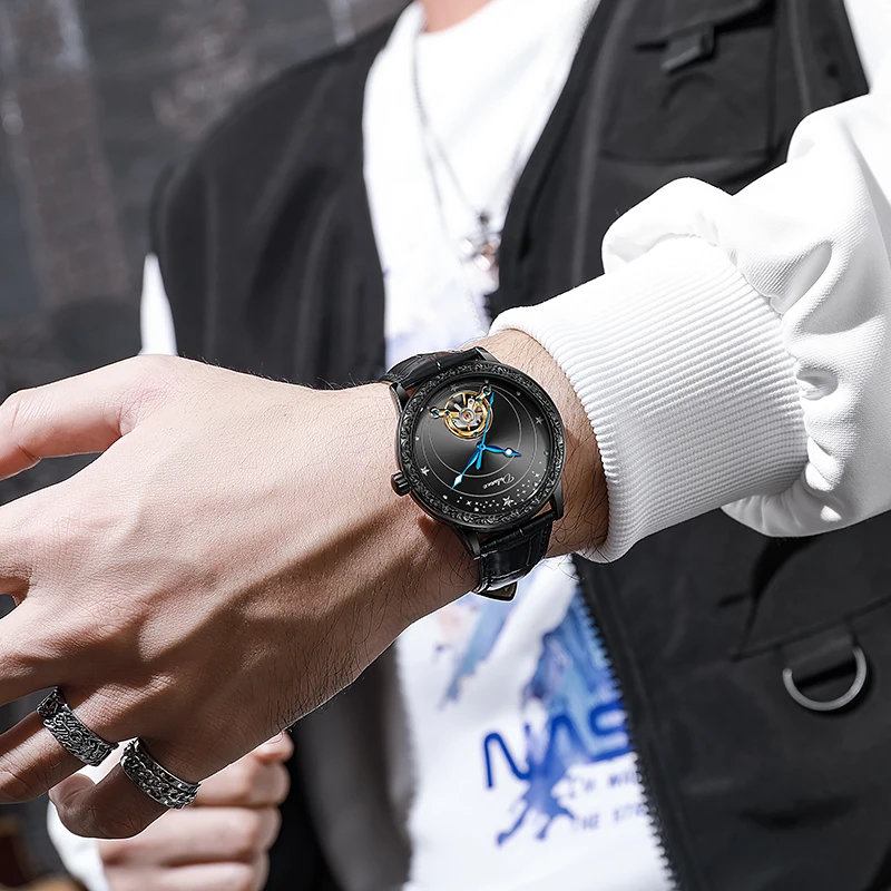 Dulunwe العلامة التجارية الفاخرة الرجال توربيون الساعات الرجالية الأسود الصلب التلقائية الميكانيكية ووتش الذكور Relogio Masculino