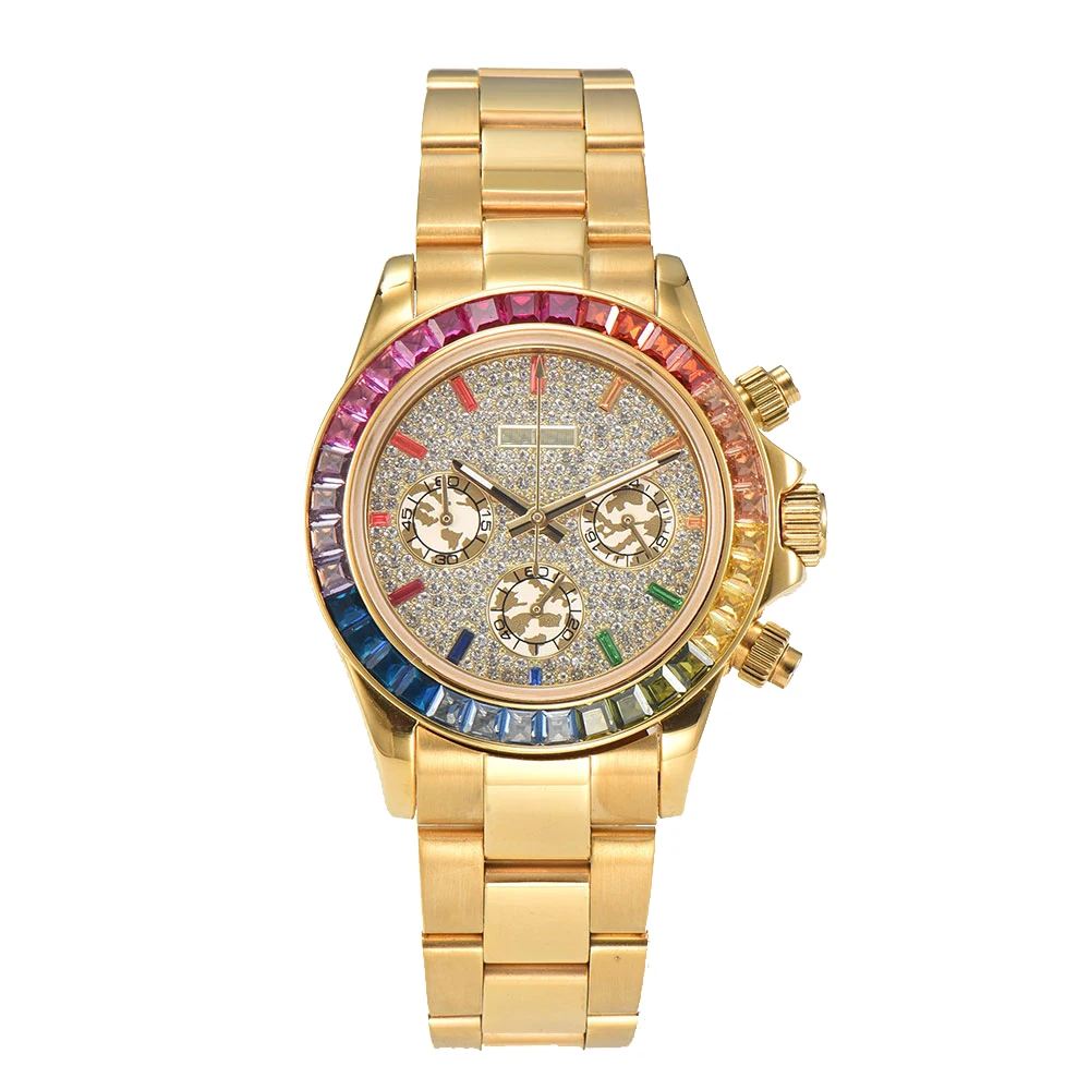 40mm Custom LOGO VK Series63 Movement Colorful Diamond Gemstone Bezel Quartz Watch Man Sports Three Eye Dial Sapphire 316L Steel