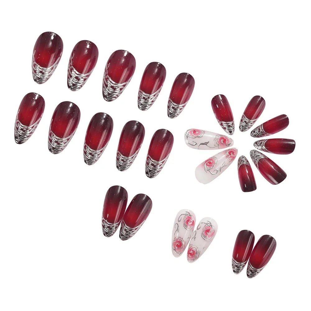 Unhas falsas 3d para mulheres, meninas, ouro, prata, dourado, flores rosas para o dia dos namorados, balé, pontas de amêndoa, imprensa em arte de unhas falsas