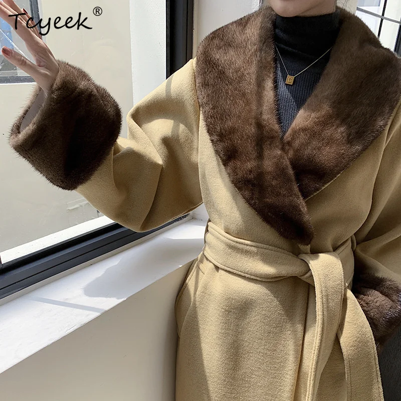 

Mink Hair Collar Camel Bathrobe Double sided Wool Coat Women's New Casual Long lapel Belt Slim Fit High Quality Wool Overcoat