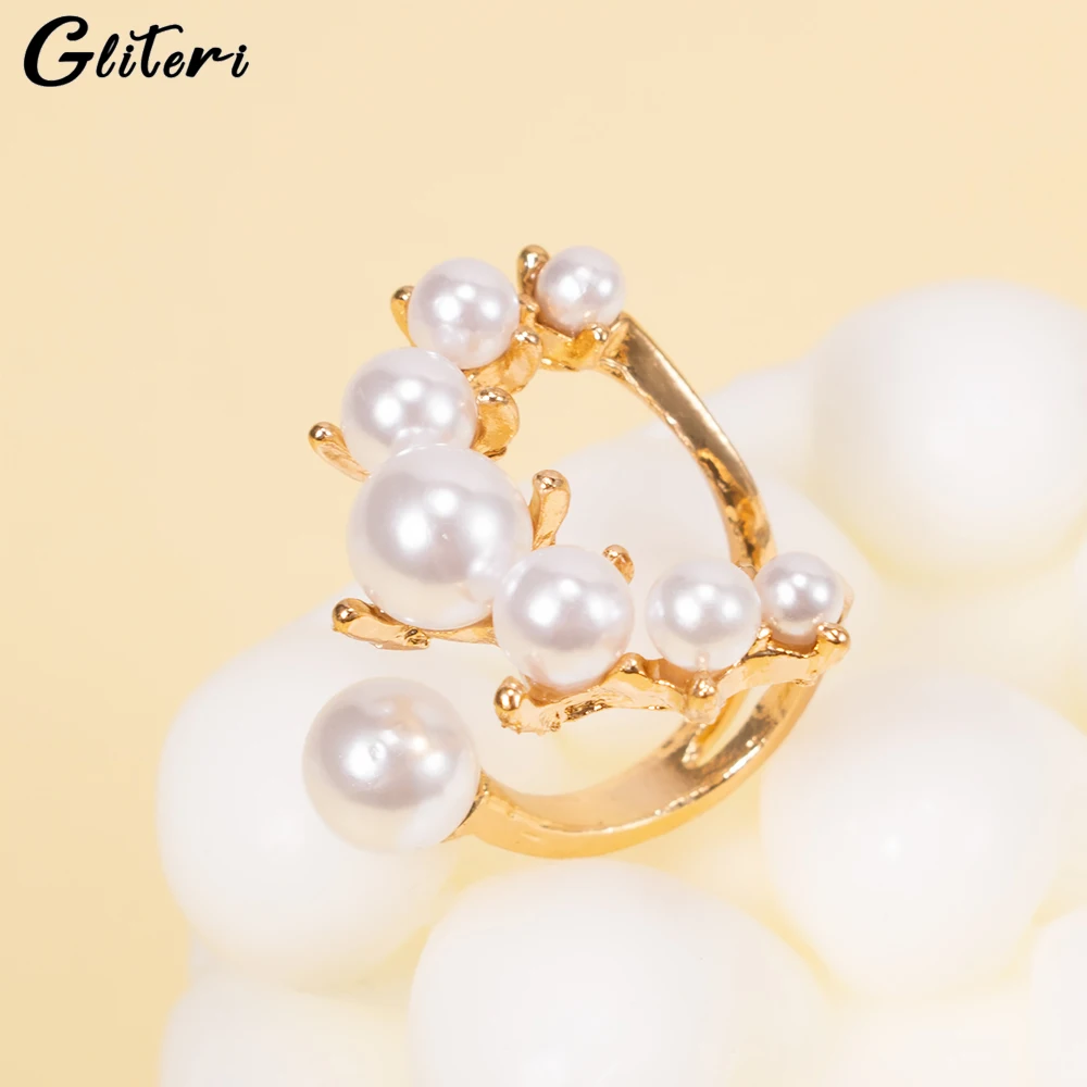 GEITERI French Vintage Pearl Open Rings For Women Girls Gold Color Geometric Irregularity Pearls Finger Ring Jewelry Female Gift