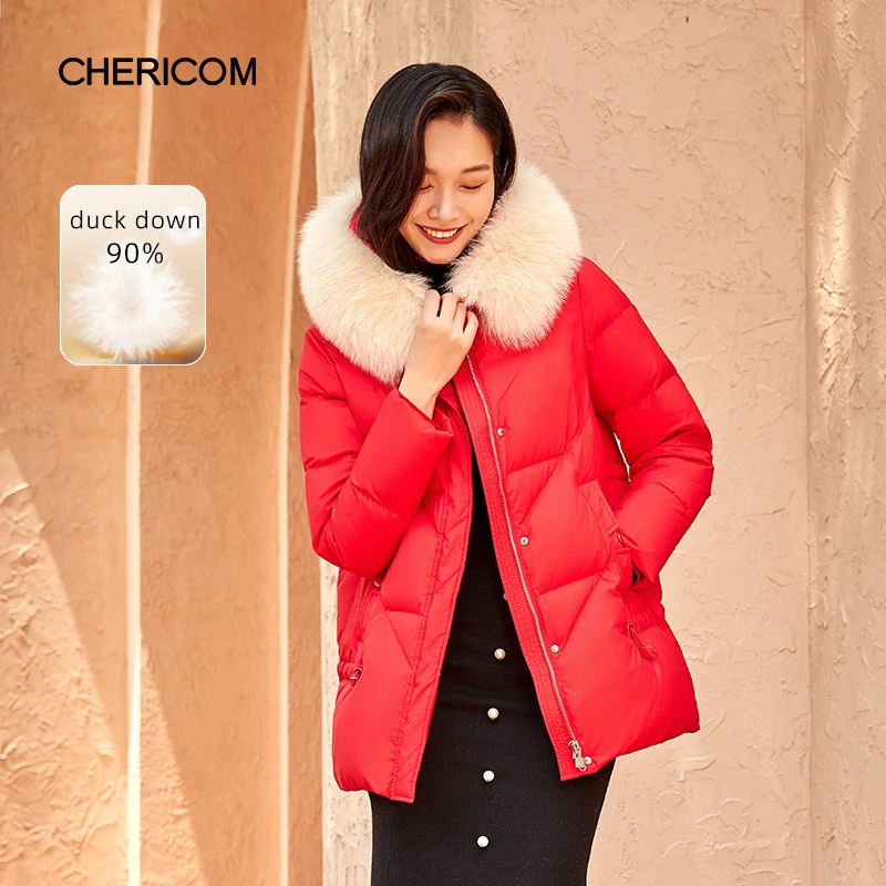 Chericom Winter Women's Clothing Medium Long Down Jacket Thickened Hooded Outerwear Fur Collar Casual Fashion Warm Coats 279203