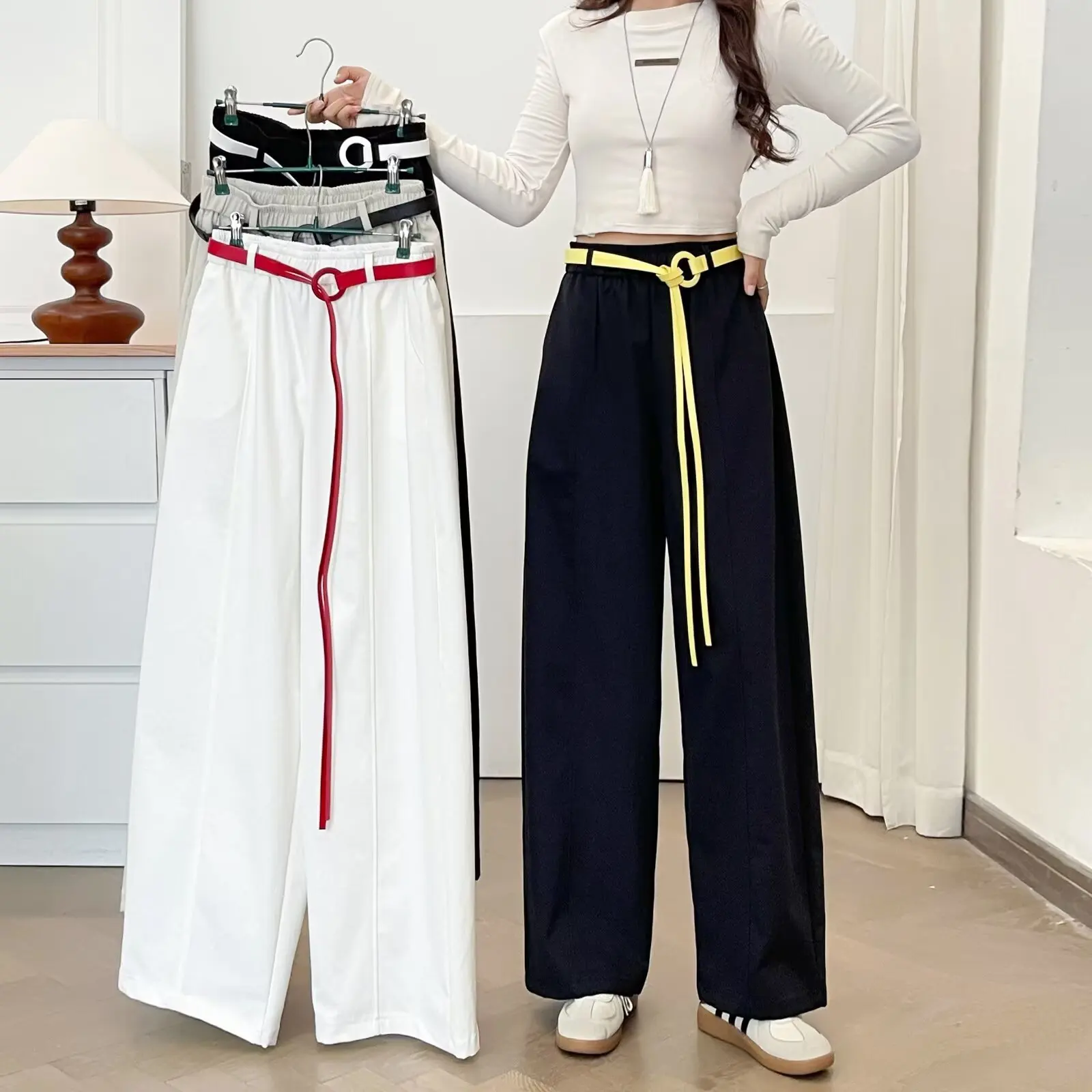 

Plus Size Women's Wide Leg Pants 2025 Autumn New Style Stylish With Belt Solid Color Straight Trousers 2219