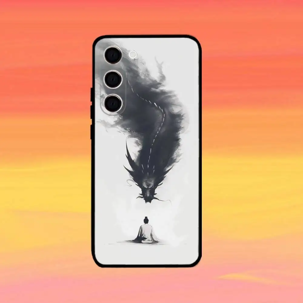 التنين نمط الحبر فرشاة اللوحة حالة الهاتف لسامسونج غالاكسي A73، A72، A71، A70، A53، A52، A51، أخرى غطاء أسود ناعم #6