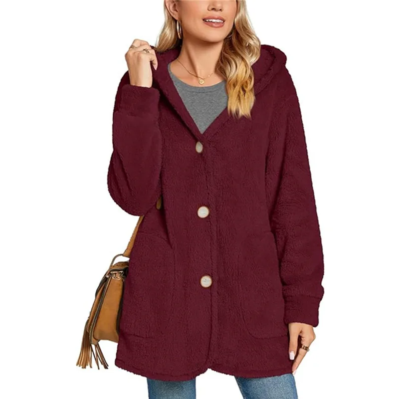 Women's Plush Hooded Button Pocket Cardigan Casual Jacket Women's Clothing