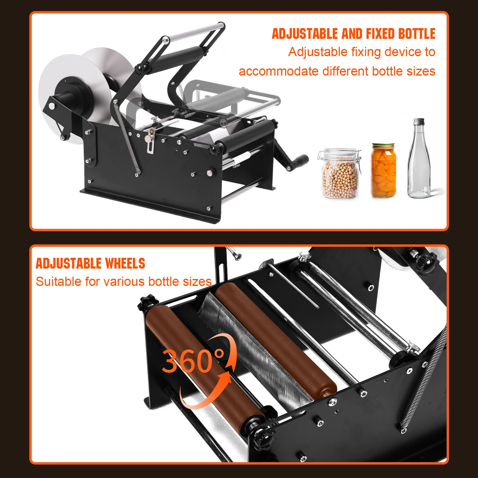 เครื่องติดฉลากขนาดเล็กแบบปรับได้พร้อมด้ามจับ เครื่องติดฉลากขวดแบบแมนนวลสำหรับขวดแก้ว พลาสติก และโลหะทรงกลม