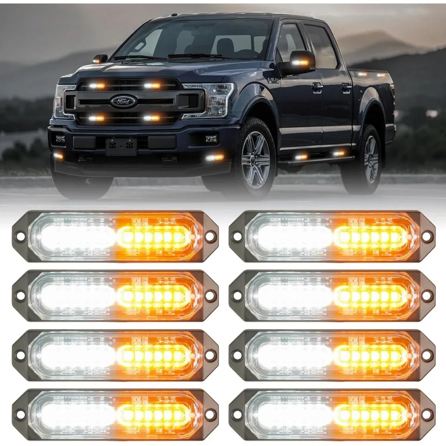 

8Pcs Amber White Surface Mount Emergency Strobe Lights for Trucks Ultra Slim Grille Warning Flashing Light Bar for Vehicles Car