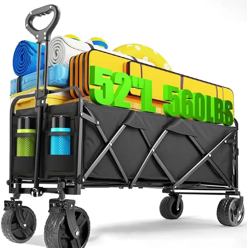 

52" Foldable Wagon Cart, 300L Capacity, Heavy Duty with Big Wheels for Beach Camping Grocery
