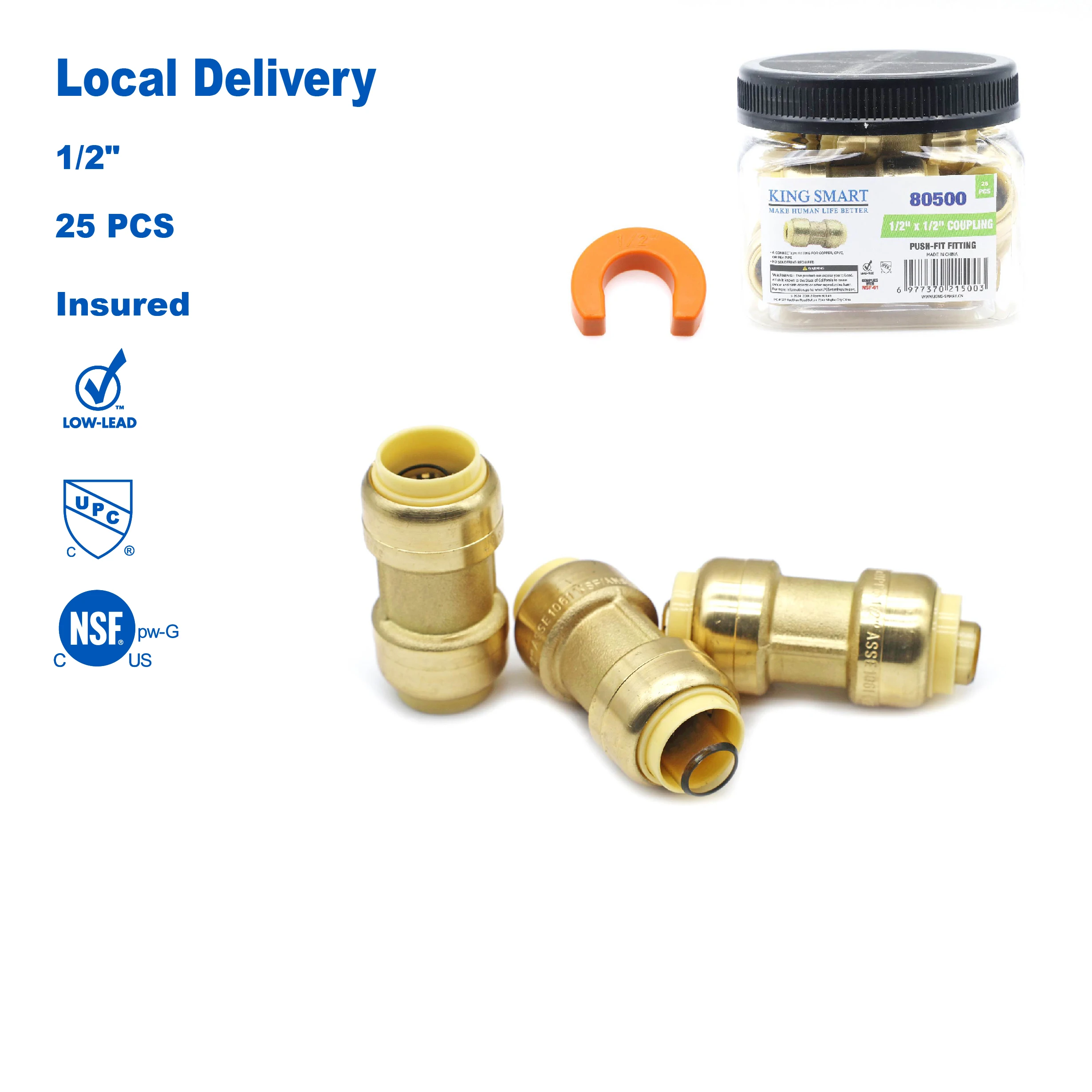 KING SMART 1/2 Push Fit * 1/2 Push Fit Coupling; 25Pcs/Case; 80500