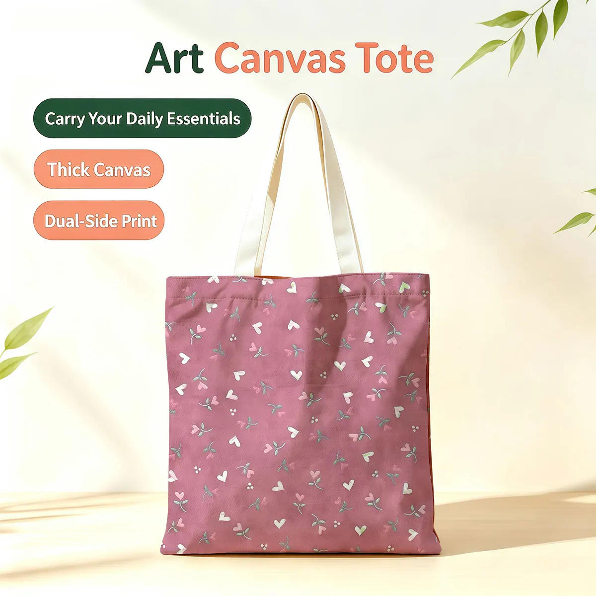 Pink Heart Dual-Side Printed Tote Bag Large Capacity Eco Handbag for School Office Daily Errands Daily Must-Have Bag