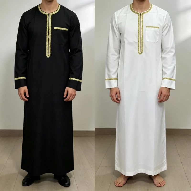 Men Traditional Thobe Long Sleeve Robe Embroidery Dishdasha Kaftan Muslim Arabic Long Dress Casual Ethnic Prayer Clothes Outfits