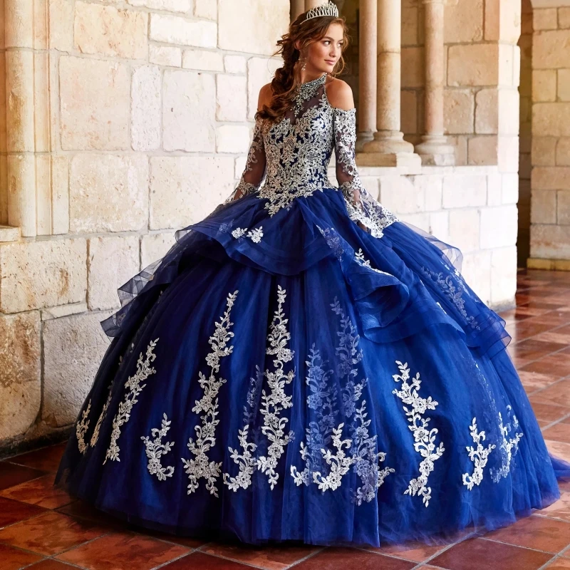 

Puffy Quinceanera Dresses Halter Long Sleeves Appliques Beaded Tulle Ball Gowns Sweet 16 Vestidos de 15 Años