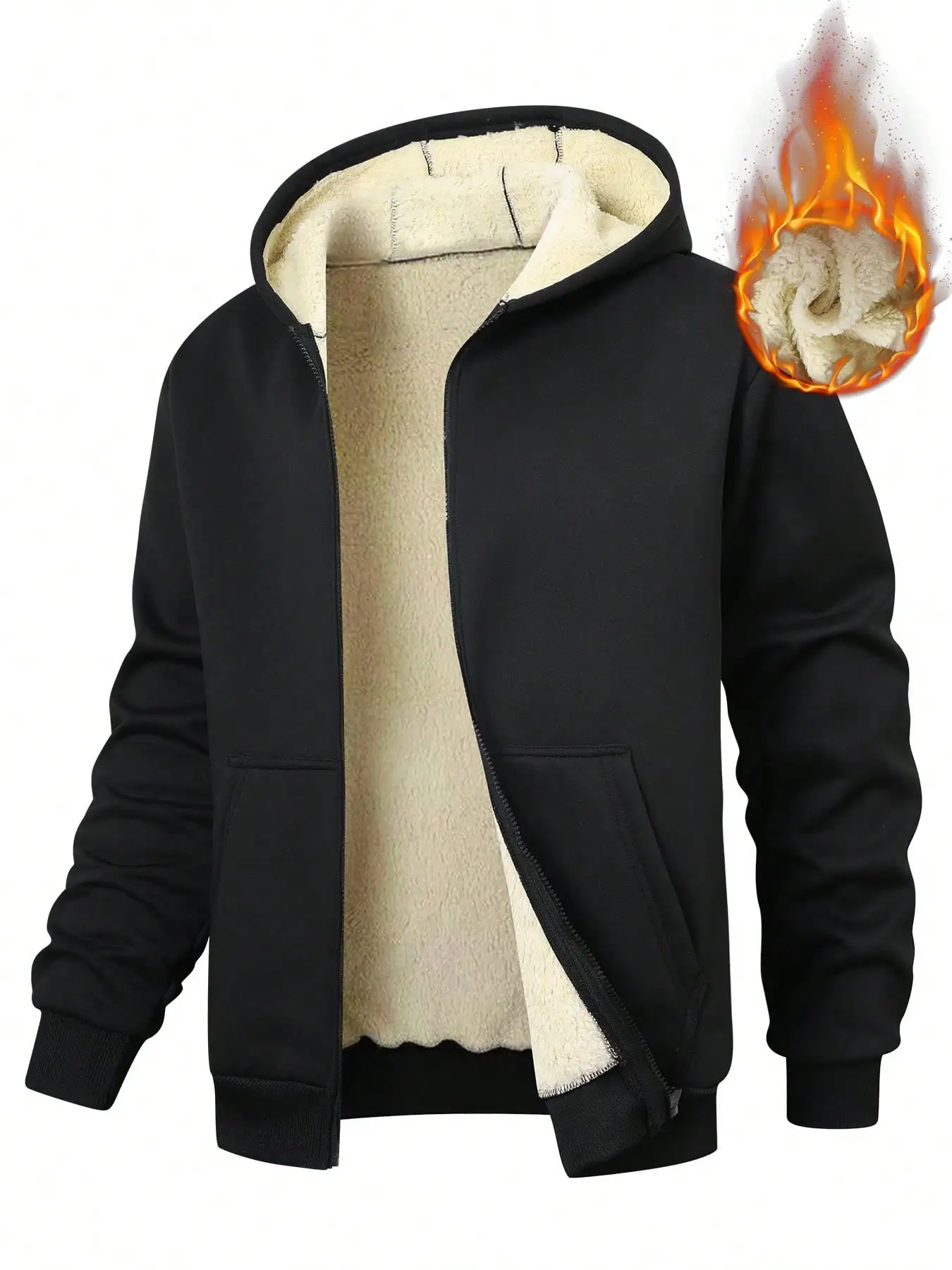 

Men's Black Full-Zip Hooded Fleece Jacket with Sherpa Lining for Winter