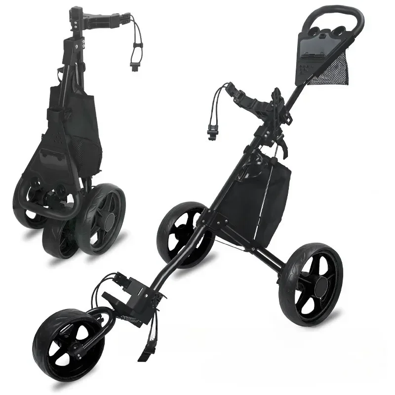 Carro de golf de empuje, carrito de golf plegable de 3 ruedas con freno de pie, soporte para teléfono y bolsa refrigeradora impermeable, portátil y ligero