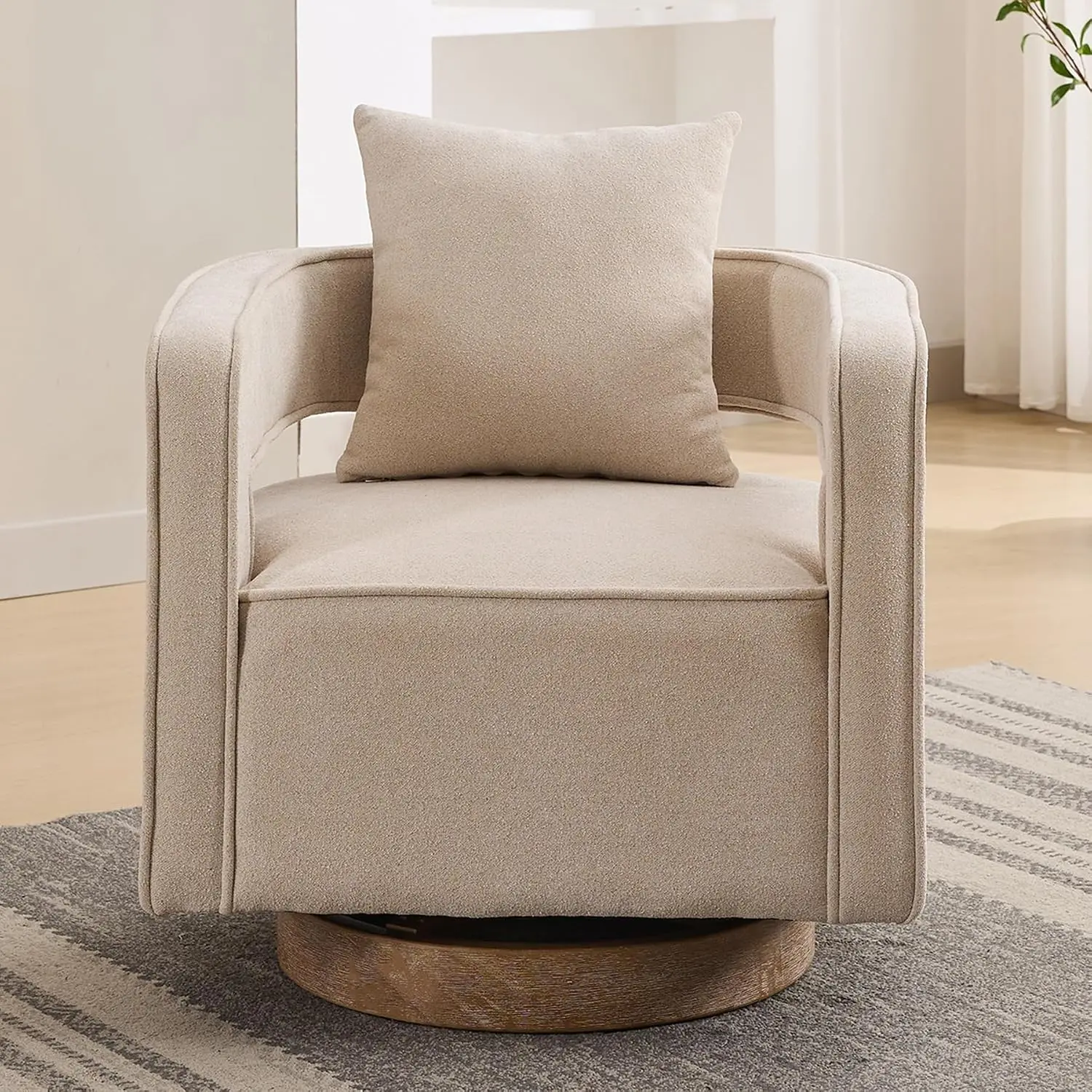 Swivel Barrel Chair, 360 Degree Square Open Back Upholstered Armchair for Living Room Bedroom Reading, Linen Beige, Customized