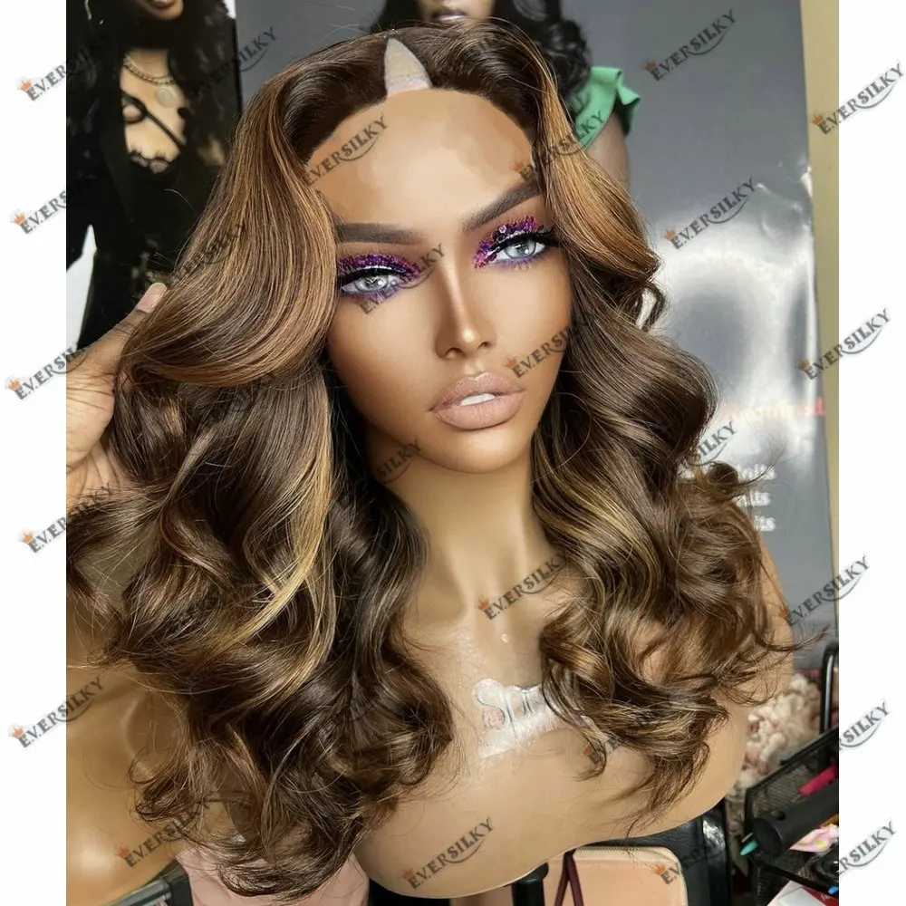 Body Wave 100% Human Hair 1x4 Size V Part Wigs for Women with Clips Honey Blonde Hightlight Brown Glueless U Part Wig Human Hair